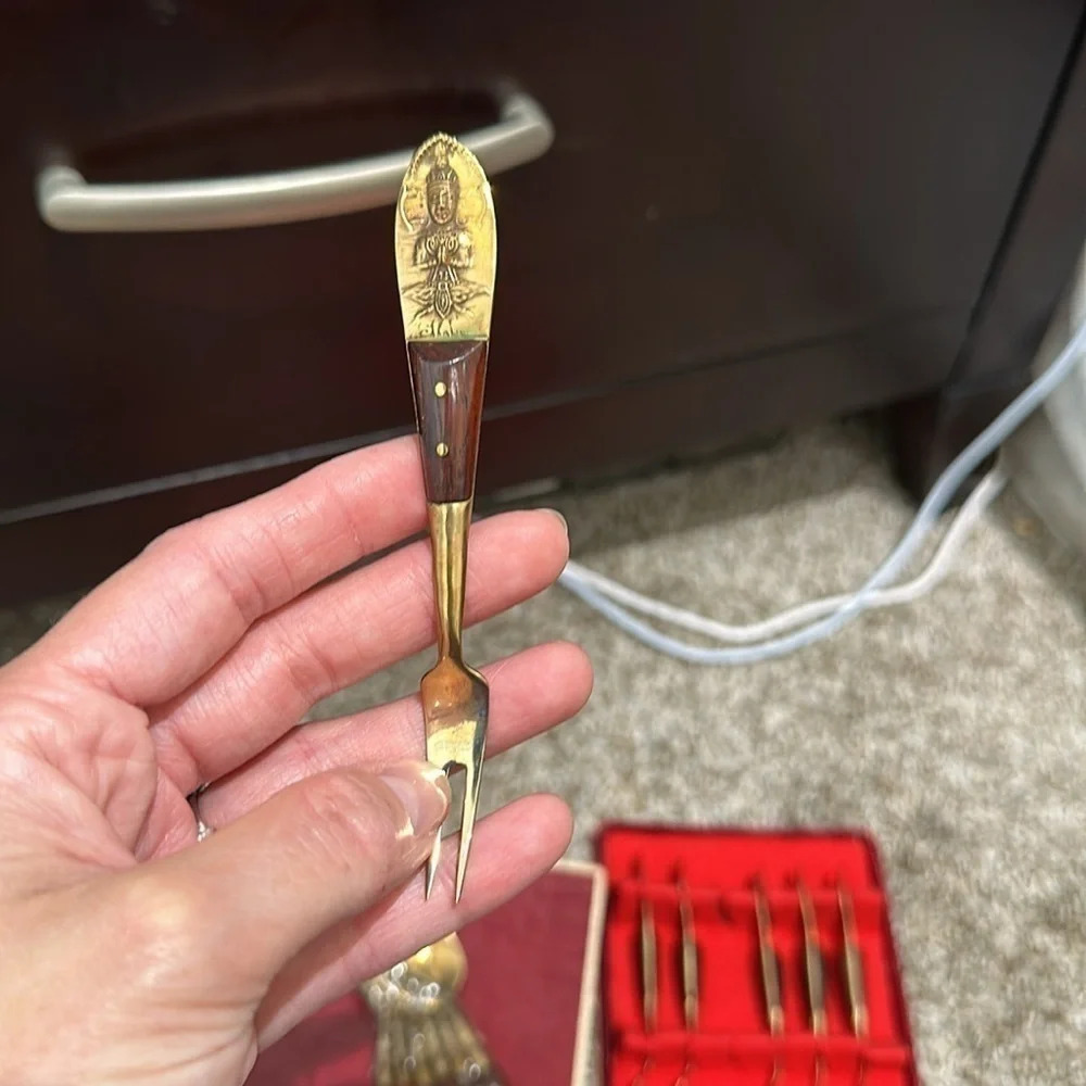 Vintage Mid-Century Thailand Bronze and Rosewood Dessert Set